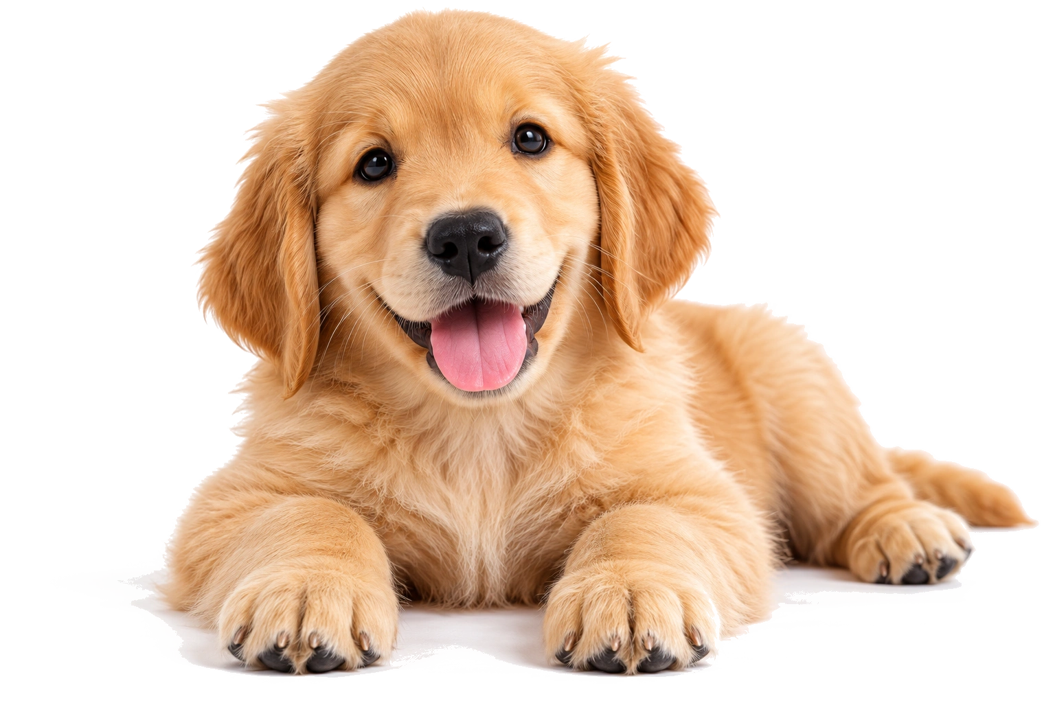 Cute Golden Retriever puppy lying down with tongue out